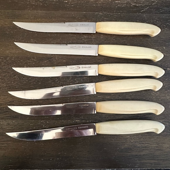 Vintage MCM set 6 Camillus Steak Knives made in America cream handle wood Case - Picture 4 of 6